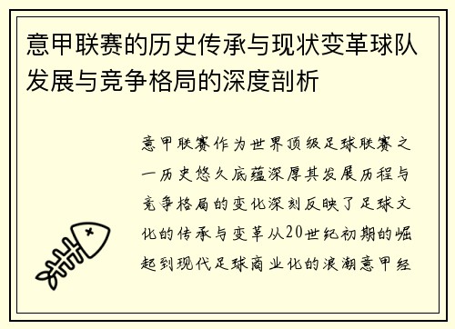 意甲联赛的历史传承与现状变革球队发展与竞争格局的深度剖析