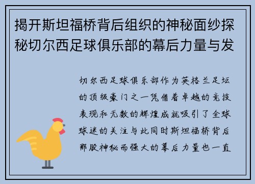 揭开斯坦福桥背后组织的神秘面纱探秘切尔西足球俱乐部的幕后力量与发展历程