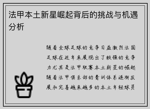 法甲本土新星崛起背后的挑战与机遇分析