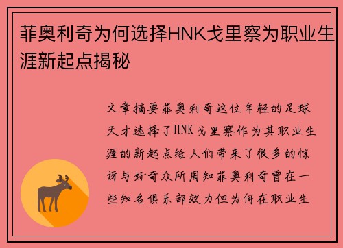 菲奥利奇为何选择HNK戈里察为职业生涯新起点揭秘